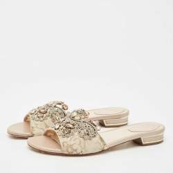 Pre Owned René Caovilla Beige Lace Crystals Embellished Flat Slides Size 39