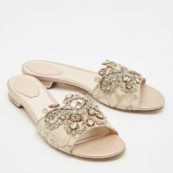 Pre Owned René Caovilla Beige Lace Crystals Embellished Flat Slides Size 39