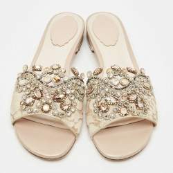 Pre Owned René Caovilla Beige Lace Crystals Embellished Flat Slides Size 39