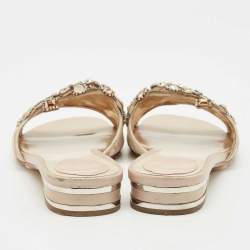 Pre Owned René Caovilla Beige Lace Crystals Embellished Flat Slides Size 39