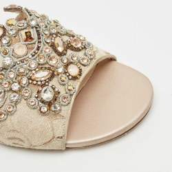 Pre Owned René Caovilla Beige Lace Crystals Embellished Flat Slides Size 39
