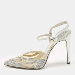 Pre Owned René Caovilla Silver Karung Leather and Mesh Slingback Pumps Size 41