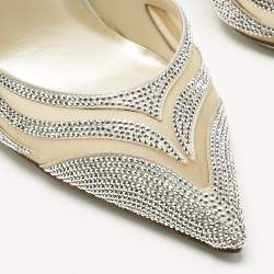 Pre Owned René Caovilla Silver Karung Leather and Mesh Slingback Pumps Size 41