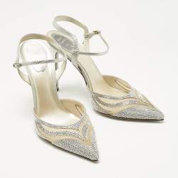 Pre Owned René Caovilla Silver Karung Leather and Mesh Slingback Pumps Size 41