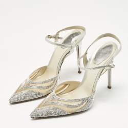 Pre Owned René Caovilla Silver Karung Leather and Mesh Slingback Pumps Size 41