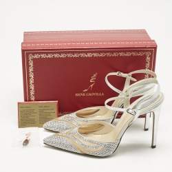 Pre Owned René Caovilla Silver Karung Leather and Mesh Slingback Pumps Size 41