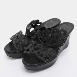 Pre Owned René Caovilla Black Rhinestone Embellished Suede Wedge Sandal Size 37