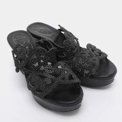 Pre Owned René Caovilla Black Rhinestone Embellished Suede Wedge Sandal Size 37