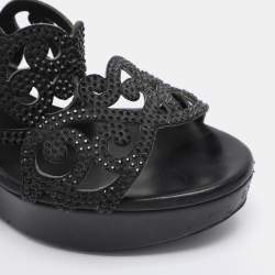 Pre Owned René Caovilla Black Rhinestone Embellished Suede Wedge Sandal Size 37