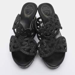 Pre Owned René Caovilla Black Rhinestone Embellished Suede Wedge Sandal Size 37