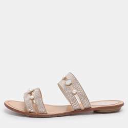 Pre Owned René Caovilla Beige Suede Crystal Embellished Slide Flat Sandals Size 38