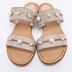 Pre Owned René Caovilla Beige Suede Crystal Embellished Slide Flat Sandals Size 38