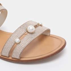 Pre Owned René Caovilla Beige Suede Crystal Embellished Slide Flat Sandals Size 38