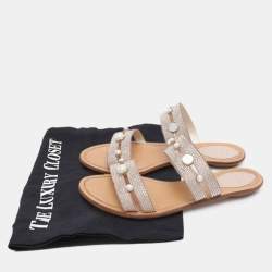 Pre Owned René Caovilla Beige Suede Crystal Embellished Slide Flat Sandals Size 38