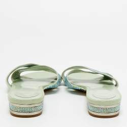 Pre Owned René Caovilla Blue Satin Crystal Embellished Flat Slides Size 41