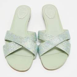 Pre Owned René Caovilla Blue Satin Crystal Embellished Flat Slides Size 41