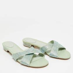 Pre Owned René Caovilla Blue Satin Crystal Embellished Flat Slides Size 41