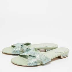 Pre Owned René Caovilla Blue Satin Crystal Embellished Flat Slides Size 41