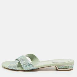Pre Owned René Caovilla Blue Satin Crystal Embellished Flat Slides Size 41