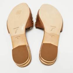 Pre Owned René Caovilla Brown Snakeskin Leather Crystal Embellished Flat Sandals Size 41