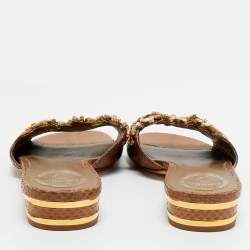 Pre Owned René Caovilla Brown Snakeskin Leather Crystal Embellished Flat Sandals Size 41