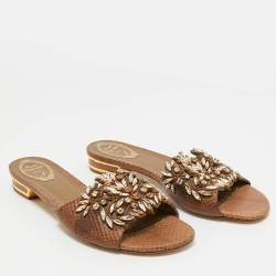 Pre Owned René Caovilla Brown Snakeskin Leather Crystal Embellished Flat Sandals Size 41