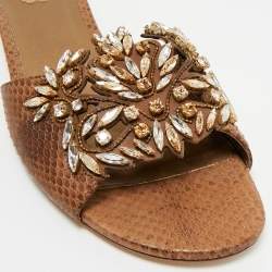 Pre Owned René Caovilla Brown Snakeskin Leather Crystal Embellished Flat Sandals Size 41