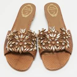 Pre Owned René Caovilla Brown Snakeskin Leather Crystal Embellished Flat Sandals Size 41