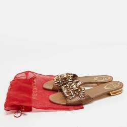 Pre Owned René Caovilla Brown Snakeskin Leather Crystal Embellished Flat Sandals Size 41