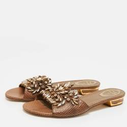 Pre Owned René Caovilla Brown Snakeskin Leather Crystal Embellished Flat Sandals Size 41