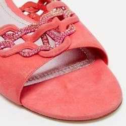 Pre Owned René Caovilla Pink Suede Crystals Embellished Flat Slides Size 41