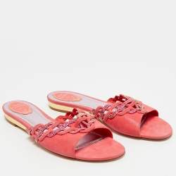 Pre Owned René Caovilla Pink Suede Crystals Embellished Flat Slides Size 41