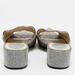 Pre Owned René Caovilla Grey//Silver Texture Leather Crystal Embellished Mules Size 41 