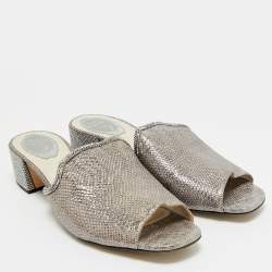 Pre Owned René Caovilla Grey//Silver Texture Leather Crystal Embellished Mules Size 41 