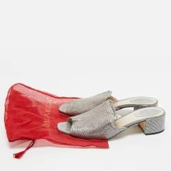 Pre Owned René Caovilla Grey//Silver Texture Leather Crystal Embellished Mules Size 41 