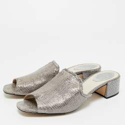 Pre Owned René Caovilla Grey//Silver Texture Leather Crystal Embellished Mules Size 41 