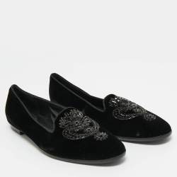 Pre Owned René Caovilla Black Velvet Crystal Embellished Slip On Smoking Slippers Size 41