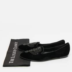Pre Owned René Caovilla Black Velvet Crystal Embellished Slip On Smoking Slippers Size 41