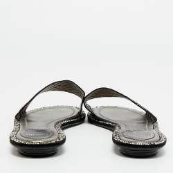 Pre Owned René Caovilla Black Leather Crystal Embellished Flat Slides Size 41