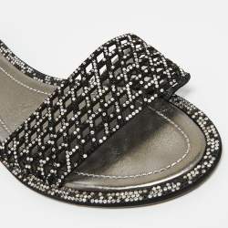 Pre Owned René Caovilla Black Leather Crystal Embellished Flat Slides Size 41