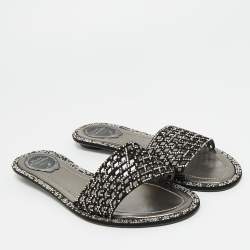 Pre Owned René Caovilla Black Leather Crystal Embellished Flat Slides Size 41