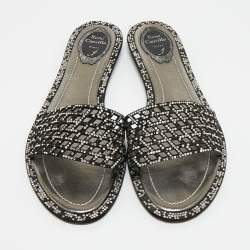 Pre Owned René Caovilla Black Leather Crystal Embellished Flat Slides Size 41