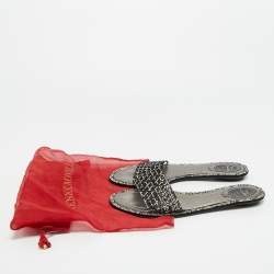 Pre Owned René Caovilla Black Leather Crystal Embellished Flat Slides Size 41