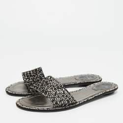 Pre Owned René Caovilla Black Leather Crystal Embellished Flat Slides Size 41