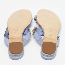 Pre Owned René Caovilla Blue Leather Crystal Embellished Flat Slides Size 41