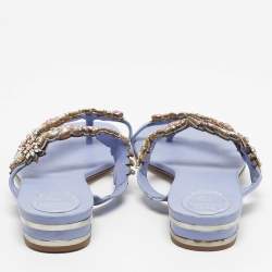 Pre Owned René Caovilla Blue Leather Crystal Embellished Flat Slides Size 41