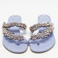 Pre Owned René Caovilla Blue Leather Crystal Embellished Flat Slides Size 41