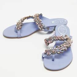 Pre Owned René Caovilla Blue Leather Crystal Embellished Flat Slides Size 41