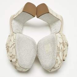 Pre Owned René Caovilla Grey/Beige Lace and Mesh Crystal Embellish Block Heel Slide Sandals Size 38