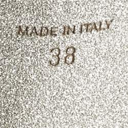 Pre Owned René Caovilla Grey/Beige Lace and Mesh Crystal Embellish Block Heel Slide Sandals Size 38